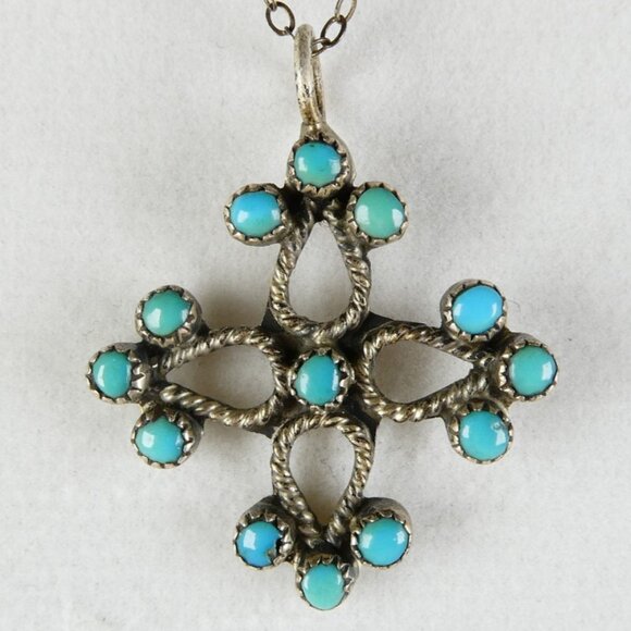 1" Auth ZUNI Cross Pendant Necklace Sterling Silver PETIT POINT Real TURQUOISE - Picture 4 of 8